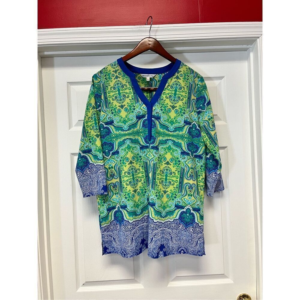Travelsmith Blue & Green Print Tunic Top sz L EUC BOHO